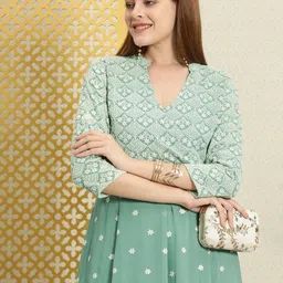 House of Pataudi Women Green Ethnic Motifs Embroidered Jashn Kurta-picture-5