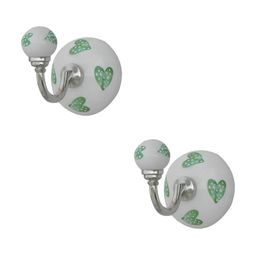 IndianShelf Green and White 2 Pieces Heart Printed Ceramic Wall Hooks-13