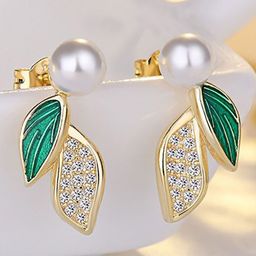 BEYTER Sterling Silver Pearl Beaded Leaf Shaped Studs-11