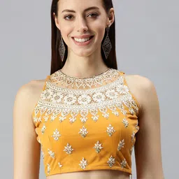 flaher Women Mustard Yellow & Off-White Embroidered Padded Saree Blouse-picture-22