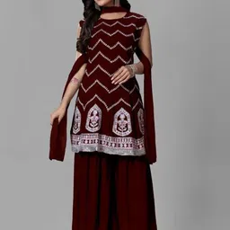 PARROT CREATION Chevron Embroidered Georgette Straight Kurti With Sharara & Dupatta-image-21