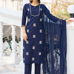 VIBE VISION Floral Embroidered Keyhole Neck Straight Kurta With Trousers & Dupatta-picture-33