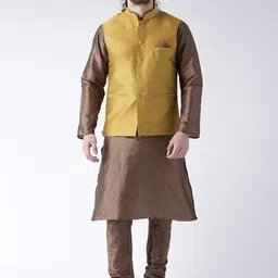 DEYANN Men Mustard Yellow & Brown Solid Jacquard Kurta with Pyjamas & Nehru Jacket-10