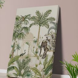Aura Green & White Palm Trees & Elephant Print Canvas Wall Art-8