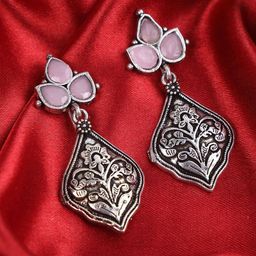 PUJVI Silver-Plated Artificial Stones Studded Contemporary Shaped Oxidised Drop Earrings-14