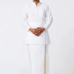 Ramraj Mandarin Collar Pure Cotton Straight Kurta With Golden Zari Dhoti-image-18