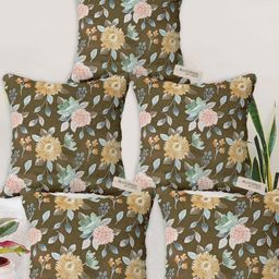Blue Grass Brown & Green 5 Pieces Floral Velvet Square Cushion Covers-image-52