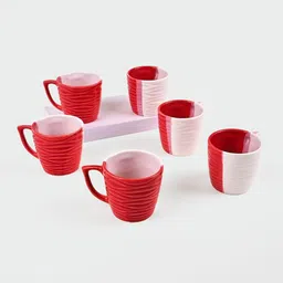 Storepedia Maroon & White Handcrafted Textured Ceramic Matte Cups Set of Cups and Mugs-49