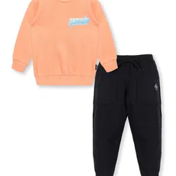 Kiddopanti Fleece Full Sleeves Fragile Applique Detail Sweatshirt With Jogger - Peach Black-picture-38