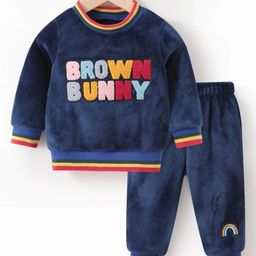 Kookie Kids Winter Wear Full Sleeves Sweatshirt & Lounge Pant Set Text Embroidery- Navy Blue-picture-27