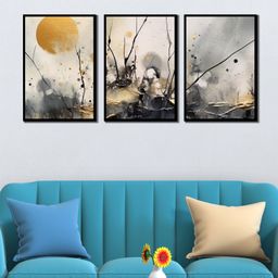 WENS Abstract Black Golden Framed Canvas Set of 3 Painting for Home Decor 19 Inch x 39 Inch-image-15