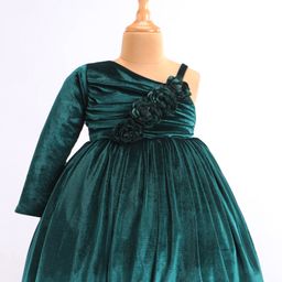 Babyhug Velvet Woven Full Sleeves Fit & Flared Party Frock with Floral Applique - Green-image-94