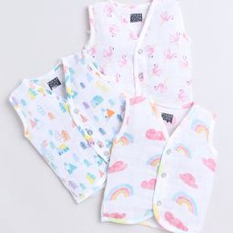 Polka Tots Pack Of 3 Cotton Sleeveless Bird Printed Jhablas - White-image-48