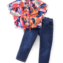 Babyhug Rayon Woven Half Sleeves Tropical Printed Top & Denim Jeans Set - Multicolor-picture-21