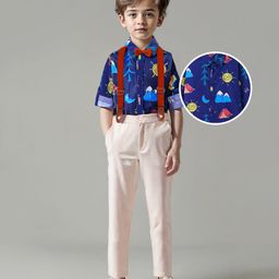 Ollington St. 100% Cotton Woven Full Sleeves Camping Theme Printed Shirt & Twill Pants Set With Bow & Suspender - Navy-image-48