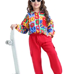 Ollington St. 100% Cotton Knit Full Sleeves Floral Printed Sweatjacket& Joggers Set -Red & Yellow-picture-41