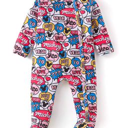 Babyhug Disney Interlock Knit Full Sleeves Sleep Suit With Mickey Mouse Graphics - White-picture-26