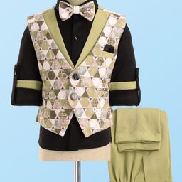 Rikidoos Full Sleeves Solid Shirt With Abstract Printed Waistcoat Pant & Bow Set - Black & Pista Green-image-69
