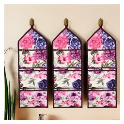 Kuber Industries Pack of 3 Wall Hanging Organizer | Foldable Document Holder | Quilted Fabric Stationary-Magazine Organizer | Waterproof 3 Multi-Purpose Pocket | Pink Flower | Cream-image-72