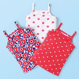 Babyhug 100 % Cotton Knit Sleeveless Slips with Floral & Polka Dots Print Pack of 3 - White Red & Blue-image-75