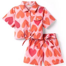CrayonFlakes Cotton Half Sleeves Hearts Printed Crop Shirt Style Top & Coordinating Shorts Set - Pink-image-44
