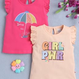 BUMZEE Cotton Knit Frill Sleeves T-Shirts Girl Power Text Print Pack Of 2 - Pink & Dark Pink-image-87