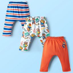 Babyhug Cotton Knit Full Length Diaper Leggings with Animal Print & Stripes Pack of 3 - Rust Orange White & Blue-image-40