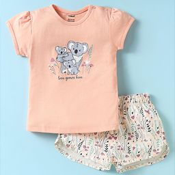 CUCUMBER Sinker Knit Half Sleeves Shorts Night Suit With Bear & Floral Print - Light Red-image-43