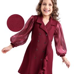 Hola Bonita Knit Full Sleeves Solid Coloured Dress With Collar Neck & Frill Detailing - Maroon-image-14