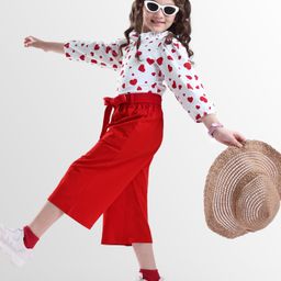 ollington st. OLLINGTON ST.Cotton Knit Full Sleeves Hearts Printed Top & Pant Set With Belt - Red & White-picture-47