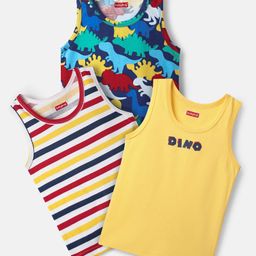 Babyhug 100% Cotton Knit Sandos With Stripes & Animal Print Pack of 3 - Navy Blue & Yellow-image-37