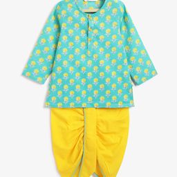 Campana 100% Cotton Woven Full Sleeves Floral Printed Dhoti Kurta Set - Turquoise & Yellow-image-81