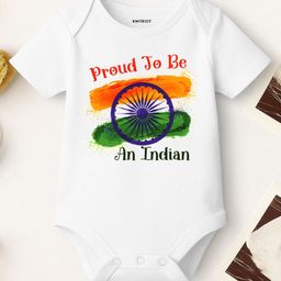 KNITROOT Cotton Lycra Knit Independence Day Theme Half Sleeves Proud To Be An Indian Text Printed Onesie - White-image-82
