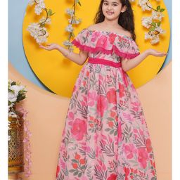 Bitiya By Bhama Silk Woven Off Shoulder Floral Printed Lace Detailed Gown - Pink-image-63
