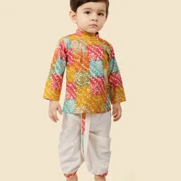 little desi Cotton Woven Full Sleeves Floral Foil Printed & Sequins Embellished Dhoti Kurta Set - Multi Colour-picture-41