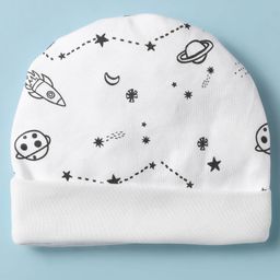 Bubble Pop Cotton Knit Cap Mitten & Booties Set with Space Theme Print White - Diameter 9 cm image 2