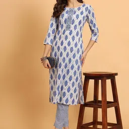 Angkor Women Ethnic Motifs Printed Regular Thread Work Pure Cotton Kurta with Trousers-picture-5