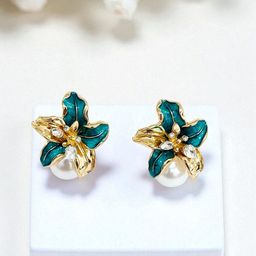 AVANT-GARDE PARIS Gold-Plated Artificial Stones Studded & Pearls Beaded Floral Studs-image-82