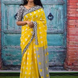Pinkcity Trade World Women Pure Cotton Block Print Saree-image-81