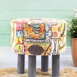 Ikiriya Yellow & Brown Embroidered Round Ottoman-image-57