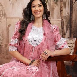 Sangria Floral Print Paneled Kurta with Trousers & Dupatta-52