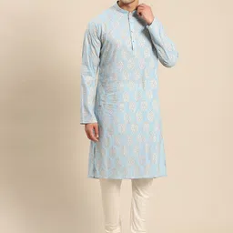 KISAH Men Turquoise Blue Ethnic Motifs Printed Kurta with Churidar-42