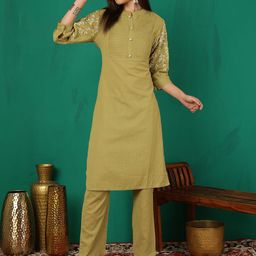 Sangria Embroidered Mandarin Collar Pure Cotton Straight Kurta With Trousers-19