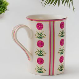Fabindia Adwaya White & Pink Floral Printed Glossy Ceramic Coffee Mug 300 ml-31