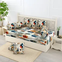 EverHOME 8Pcs White & Brown Printed Cotton Diwan Set-10
