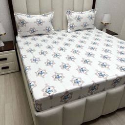 Pure Decor White & Blue Floral Pure Cotton 350 TC Queen Bedsheet Set 2.28 m x 2.54 m-image-24
