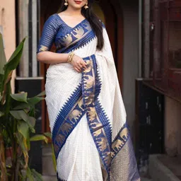 GHAN SALS Women Navy Blue & White Ethnic Motifs Zari Silk Blend Kanjeevaram Saree-picture-21