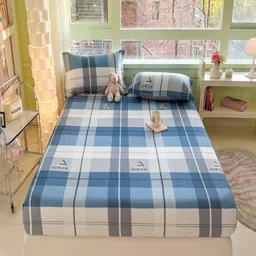 JC HOME Blue & Grey Checked 220 TC King Fitted Bedsheet Set 2.20 m x 1.80 m-image-91