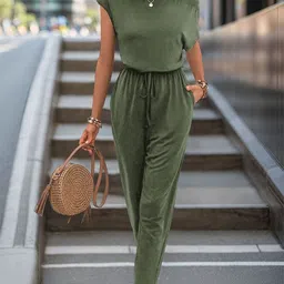 KPOP Women SolidOne Shoulder Short Sleeves Basic Jumpsuit-picture-55