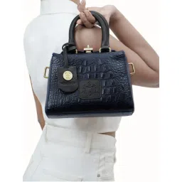 Hidesign Women Leather Textured Blue Satchel Bag with Detachable Strap (S)-picture-19
